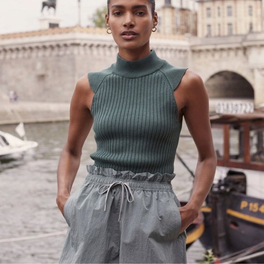 Varley Fowler Knitted Top Forest Green Sleeveless Turtleneck Sweater